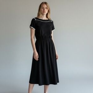 Vintage Black Mod Dress M/L Retro Career Mad Men A-Line Contrast Minimalist